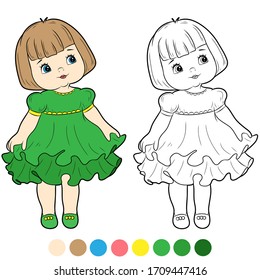 Coloring book for children. Pretty doll. Vector illustration
