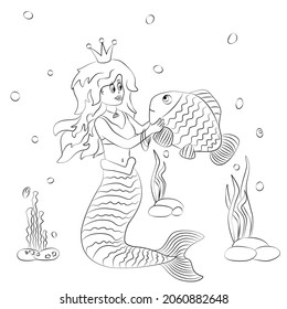 Coloring book for children. Princess little mermaid hold a fish in your hands. The task for children can be used in a book, magazine.