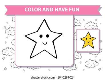 Libro de Colores para niños. Imprimible una página 4. Orientación horizontal del paisaje. Estrellas, bien, noche. Fondo con nubes