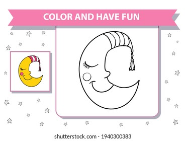 Coloring book for children. Printable a4 page. Horizontal landscape orientation. Crescent, stars, good, night