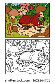 Coloring book for children, Rhinoceros beetle on a meadow with mushrooms