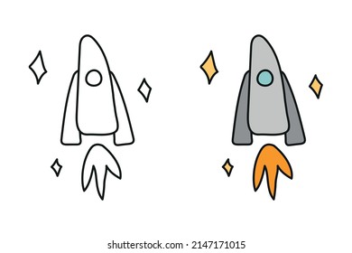 Libro de coloración para niños con un cohete. Colores y colores negros y blancos para los niños. Página de coloreo vectorial para la creatividad de los niños.