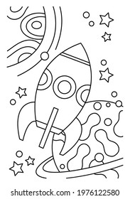 Coloring book for children. Rocket, space, planets, stars. Vector image.