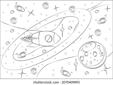 Coloring book for children. Rocket in space, planets, stars, asteroids, milky way. Assignment for children can be used in a book, magazine	