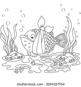 Coloring book for children. Sad toothy fish with a bandage on its cheek. The task for children can be used in a book, magazine.