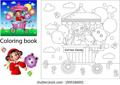 Coloring book for children with a sample. Bright colorful illustration for children. The girl is selling cotton candy on a stick. "CandyBar" on a bright background with balloon, butterflies and flags.