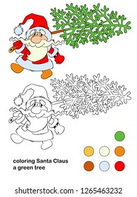 Coloring book for children. Santa Claus with a green Christmas tree.