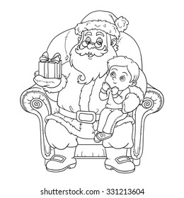 Coloring book for children: Santa Claus gives a gift a little boy