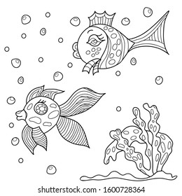 Coloring book for children. Sea creatures. Fish. Hand drawn. Black and white vector illustration. 