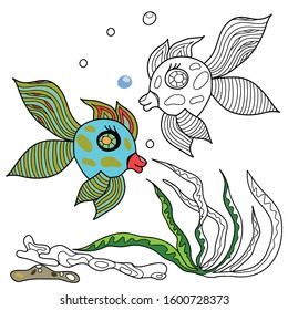 Coloring book for children. Sea creatures. Fish. Hand drawn. Black and white vector illustration with a sample for coloring.