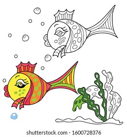 Coloring book for children. Sea creatures. Fish. Hand drawn. Black and white vector illustration with a sample for coloring.