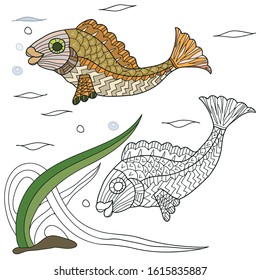 Coloring book for children. Sea creatures. Fish. Hand drawn. Black and white vector illustration with a pattern for coloring.