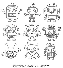 coloring book for children, set of cute robots. vector illustration in doodle style.