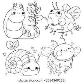 coloring book for children. set of cute bugs: snail, bee, caterpillar, ladybug. character and kawaii style, vector illustration