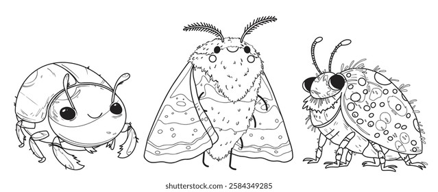 coloring book for children. set of cute beetles and moth. character and kawaii style, vector illustration