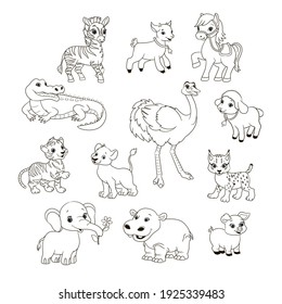 coloring book for children, set of different animals, vector illustration in cartoon style, black and white line art