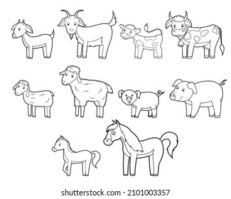 Coloring book for children, a set of farm animals. Vector isolated on a white background.