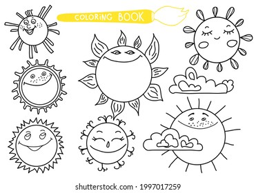 Coloring book for children. A set of funny suns. Hand drawn. Black and white vector illustration.