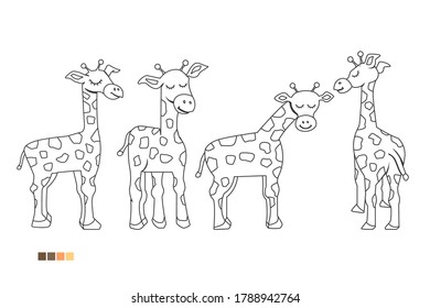 Coloring book for children, set of giraffes, illustration of cartoon giraffe, vector eps 10 format