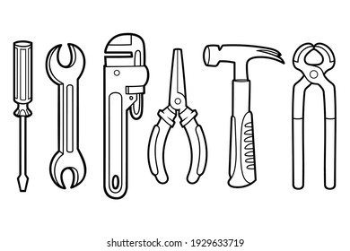 Coloring book for children. Set of instruments - Hammer, Wrench, Screwdriver, Pliers, Pincers