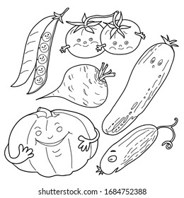 Coloring book for children. A set of vegetables. Hand drawn. Black and white vector illustration.