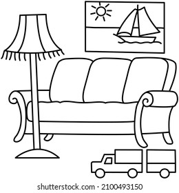 coloring book for children, sofa black outline on white background, vector