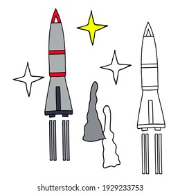 Coloring book for children. Space theme. Rocket. Hand drawn. Black and white vector illustration with a sample for coloring.