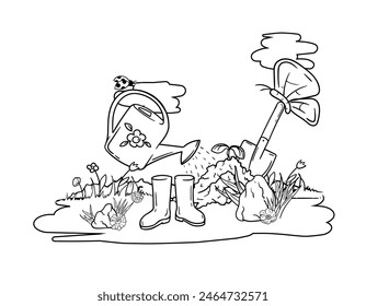 Coloring book for children with spring nature, watering can, rubber boots, gardening work. Black and white vector image
