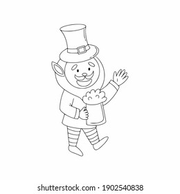 Coloring book for children for St. Patrick's Day. A cheerful leprechaun with a hat and a beer. Vector illustration in the style of hand draw