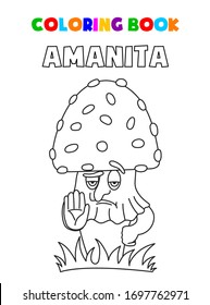 Coloring book for children. The study of poisonous mushrooms. Amanita shows a gesture of stop. Interactive game for children. Vector and illustration.