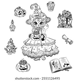 Coloring book for children stylized cat in a Halloween costumeand  hand drawn. Handmade, isolate on a white background. Hand drawn illustration. Vector