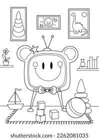 Coloring book for children. Stylized children's TV. Children's room with TV, toys and decor. Vector illustration