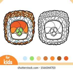 Coloring book for children, Sushi roll with sesame seeds and salmon