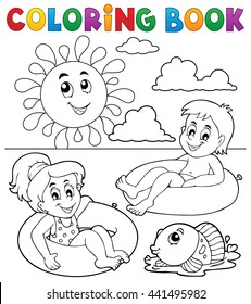 Coloring Book Children In Swim Rings 1 - Eps10 Vector Illustration.