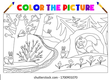 
Coloring book for children with the task: color the picture. Spring in the forest. Bear, hares, magpies. Forest landscape. The development of creativity in children. Vector and illustration