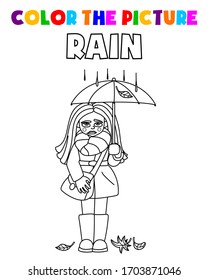 
Coloring book for children with the task: color the picture. Rain. A girl stands under an umbrella. She has a gloomy face. The leaves are lying. Vector and illustration.