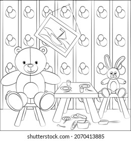 Coloring book for children. The teddy bear and the hare are having lunch. Flat vector illustration for children's books and magazines