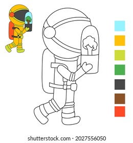 coloring book for children with the theme of space astronauts. reference color is available