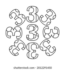 Coloring book for children. Three. Numbers. Learning and playing. Vector illustration.