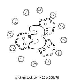 Libro de Colores para niños. Tres. Números. Botones, trabajo de agujas. Aprender y jugar. Ilustración del vector