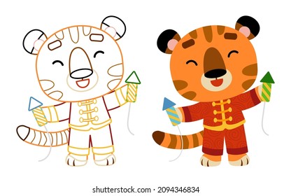 Coloring book for children, Tiger and fireworks