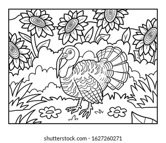 Coloring book for children, Turkey in the meadow with sunflowers