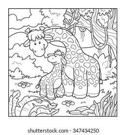 Coloring book for children: two giraffes and background