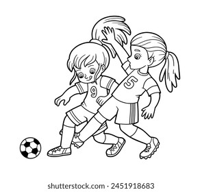 Libro para colorear para niños, dos niñas jugando al fútbol