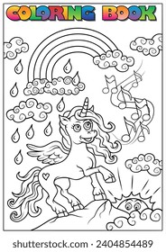 coloring book for children - a unicorn walking in the clouds with the sun in the background.