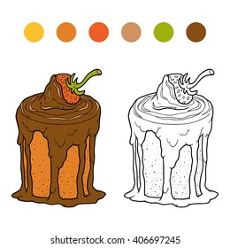 Coloring book for children, vector chocolate cake with strawberry