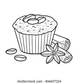 Coloring book for children, vector cupcake with coffee beans