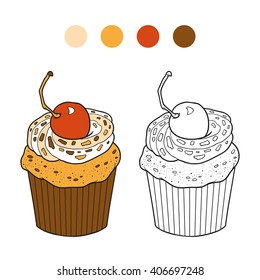 Coloring book for children, vector cupcake with cherry berry