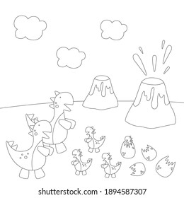 Coloring book for children. Vector graphics. Cute black and white dinosaurs with kids, near volcanoes, on green grass. Printout for preschoolers. The outline of the drawing.