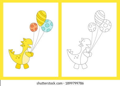 Coloring book for children. Vector graphics. Cute black, white and colored dinosaur with balloons. Printout for preschoolers. Circuit.